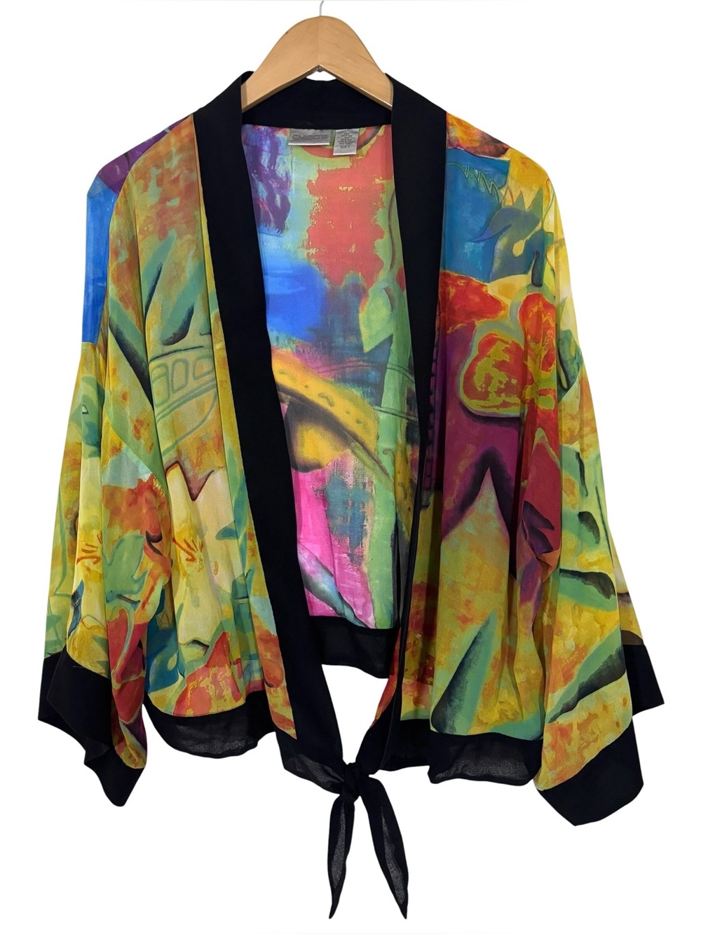 Vintage Chico’s Sheer Silk Abstract Floral Tie Front Kimono Jacket XL
